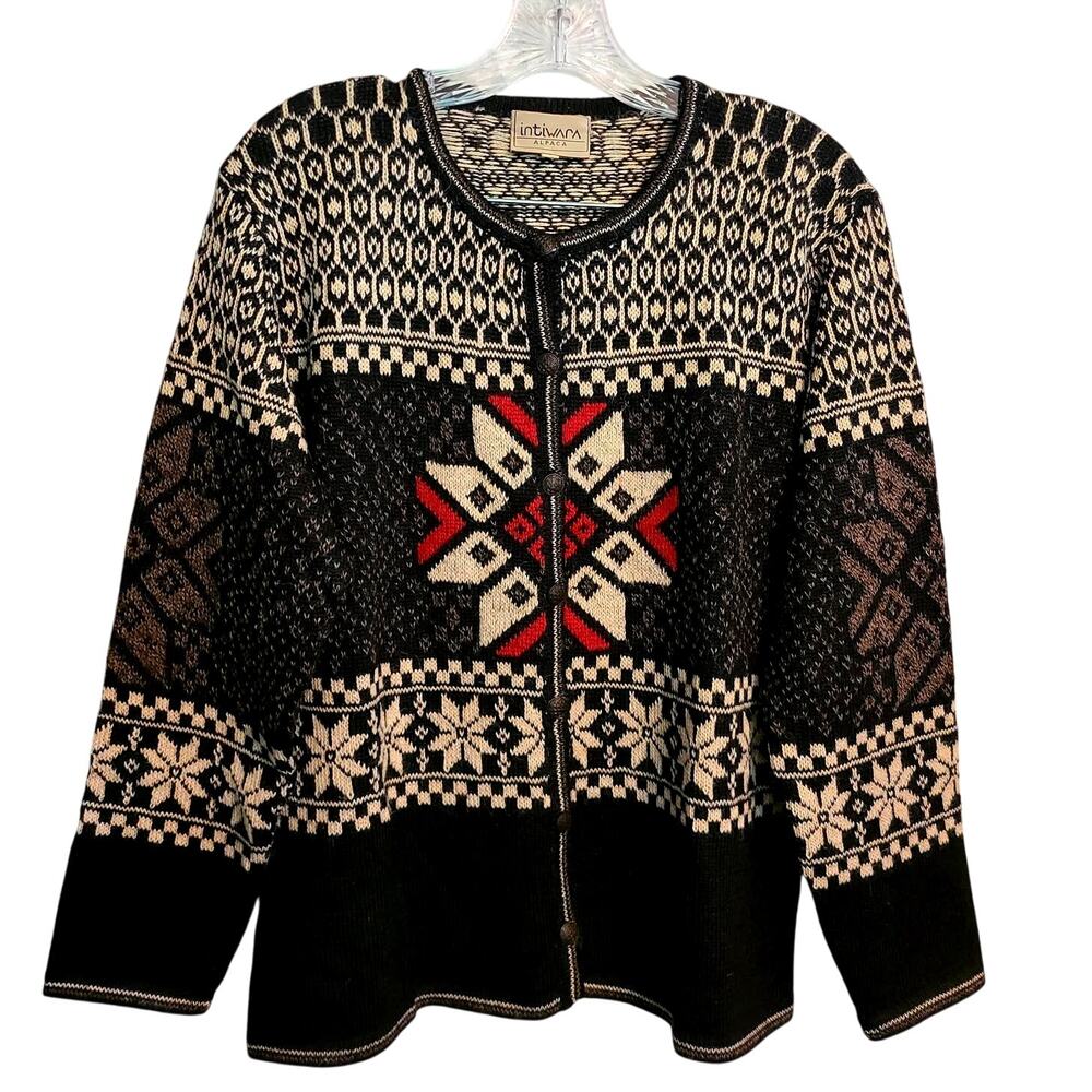 Womens Retro Intiwara 100% Alpaca Wool Button Up Sweater Cardigan - Size L